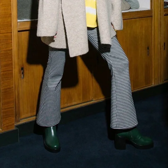 Sandy Liang Front Zip Flare Pants, Black and White Check, Size 10 - Picture 2 of 13